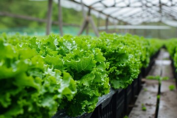Green oak lettuce salad in green organic hydroponic farm - obrazy, fototapety, plakaty