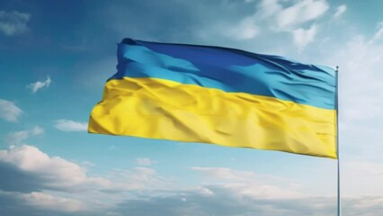 the national flag of Ukraine waving in the wind on a clear day, contemporary aesthetics to convey the pride and elegance associated with the flag.