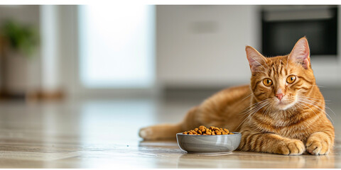 A cat eating from a bowl on a floor - obrazy, fototapety, plakaty