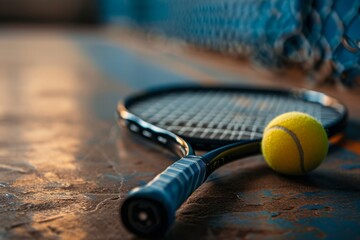 Close-up of a tennis racket with a ball lying on it - obrazy, fototapety, plakaty