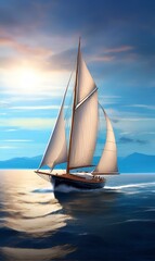 Fototapeta premium A medieval ship, seventeenth to eighteenth century, sails through the water against a mesmerizing sky backdrop