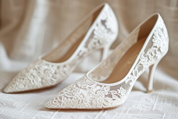 Women's white lace wedding shoes - obrazy, fototapety, plakaty