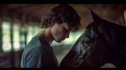Young male equestrian sharing a tender moment with a black horse