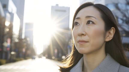 Professional asian woman contemplating future in city at sunset