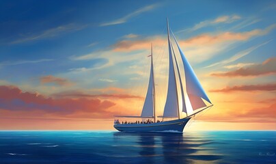 Fototapeta premium A medieval ship, seventeenth to eighteenth century, sails through the water against a mesmerizing sky backdrop