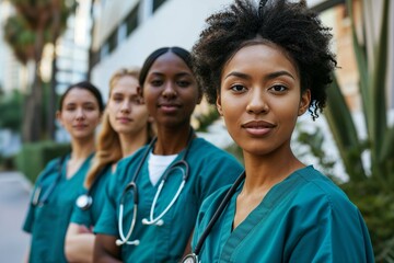 A multicultural ensemble of medical students, from Asian to Hispanic origins, dressed in scrubs, showcasing diversity in the medical field. Vets, Veterinary.