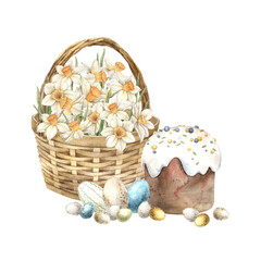 Fototapeta na wymiar Watercolor Easter composition with a wicker basket and yellow daffodils, Easter cake and colorful eggs. Hand drawn illustrations on isolated background for greeting cards, invitations, happy holidays