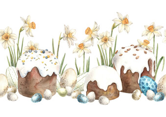 Watercolor Easter endless composition with Easter cakes, eggs and daffodils. Hand drawn illustrations on isolated background for greeting cards, invitations, happy holidays, posters, graphic design