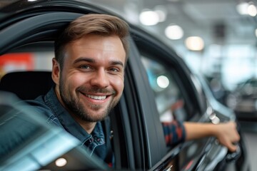 Male happy with his new car.