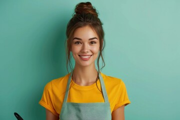 Young smiling housewife chef cook baker woman wear apron yellow t-shirt on plain pastel green background
