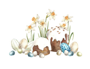 Watercolor Easter composition of Easter cake, eggs and yellow daffodils. Easter holiday illustration hand drawn. Sketch on isolated background for greeting cards, invitations, happy holidays, posters