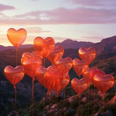 Heart-shaped balloons in the mountains