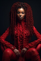 Beautiful afroamerican woman wearing red knotted macrame rope suit, fashion photoshoot