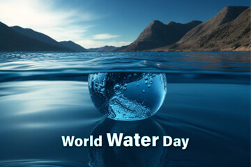 World Water Day illustration with blue sky and lake. Saving Water World protection concept design poster.