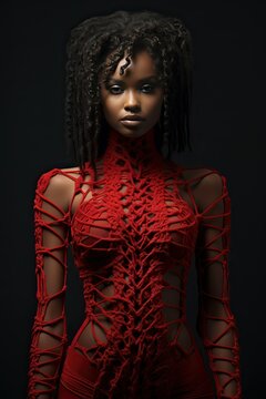 Beautiful afroamerican woman wearing red knotted macrame rope dress, fashion photoshoot
