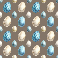 Watercolor Easter pattern of eggs on a colored background. Easter holiday illustration hand drawn. Sketch on isolated background for greeting cards, invitations, happy holidays, posters, fabric