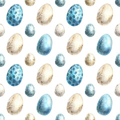 Watercolor Easter pattern of eggs on a white background. Easter holiday illustration hand drawn. Sketch on isolated background for greeting cards, invitations, happy holidays, posters, fabric