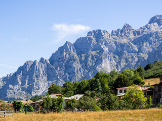Fototapeta na wymiar Panoramic of Picos de Europa from Posada de Valdeón village, Province of León, Castilla y León Community, Spain. 