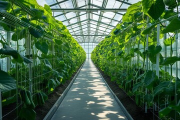 Green ripe cucumbers grown in a greenhouse