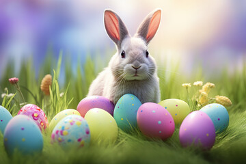 Easter bunny sits in the grass, surrounded by colorful eggs.