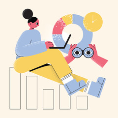 Business concepts of analytics, planning, marketing research, work communication, goal settings. People launching projects, studying reports. Flat vector illustrations isolated on background.