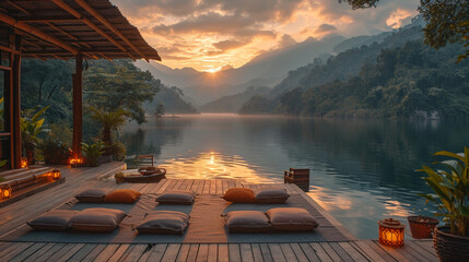 A serene yoga retreat setting, nestled between lush mountains and a tranquil lake, with participants engaged in a sunrise yoga session on a wooden deck, surrounded by nature's beau - obrazy, fototapety, plakaty