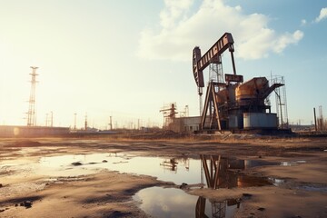 A massive oil pump rig against an industrial landscape, copy space