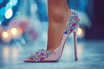 Fototapeten Women's shoe with a thin long stiletto heel decorated with colored precious stones © DK_2020