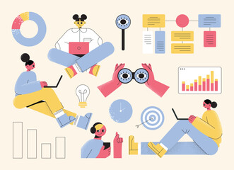 Business concepts of analytics, planning, marketing research, work communication, goal settings. People launching projects, studying reports. Flat vector illustrations isolated on background.