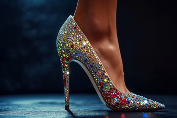 Women's shoe with a thin long stiletto heel decorated with colored precious stones - obrazy, fototapety, plakaty