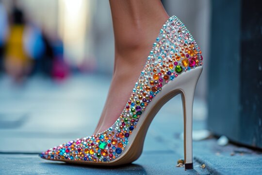 Women's shoe with a thin long stiletto heel decorated with colored precious stones