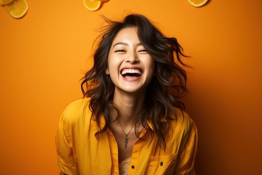 Laughing woman with orange slices