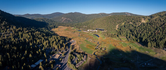 Aerial view of the Olympic Village with Mountain View near lake Tahoe