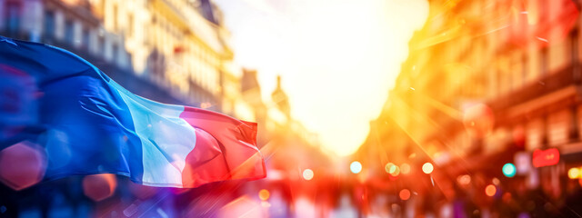 flag of France fluttering in the breeze, set against a blurred cityscape bathed in the golden light of sunset, evoking a sense of national pride and dynamic movement