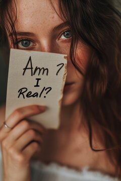 Woman Holding A Piece Of Paper With 'Am I Real' Written On It