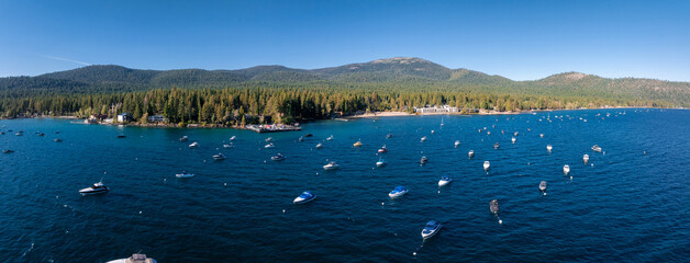 Beautiful aerial view of the Tahoe lake from above in California, USA. Wild forests, fresh air and...