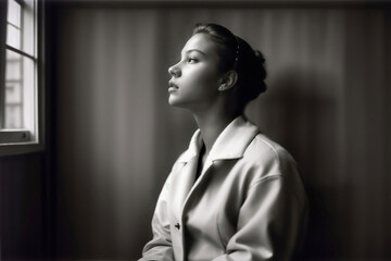 Selective focus, beautiful young woman looking out window, black and white retro style image