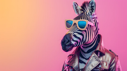 Fototapeta na wymiar Creative, innovative Animal Design. Zebra in Chic High-End Fashion, Isolated on a Bright Background for Advertising, with Space for Text. Birthday Party Invitation Banner
