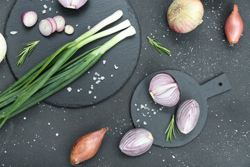 Obraz na płótnie Canvas Boards with different kinds of onion on grunge black background