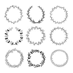 Set of outline hand drawn floral round frames