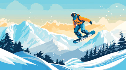 Naklejka na ściany i meble copy space, simple vector illustration, simple colors, Snowboarding, jumping snowboarder in snowy mountains background, Man with snowboard flat style. Winter sport concept. Advertisement for ski vacat