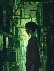 Double exposure of a young woman standing in front of a big data center. A contemplative scene of anime characters within a glitched-out digitalenvironment, surrounded by fragmented digital elements. 