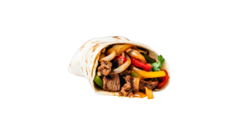 Chicken fajita roll, Traditional Mexican marinated Tortillas chicken fajitas with fried chicken breast strips, onion, julienned green, yellow, and red bell pepper on PNG background