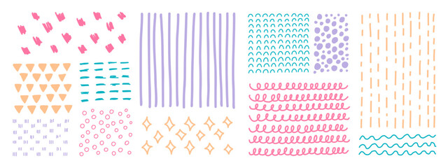 Set of abstract backgrounds and sketch dots textures. Hand drawn doodle bright textures with lines, stars, dots, triangles, and circles. Cute vector illustration. Blue, yellow, and pink colors. 