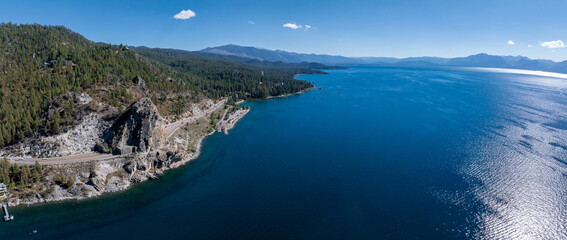 Beautiful aerial view of the Tahoe lake from above in California, USA. Wild forests, fresh air and mountains of California.