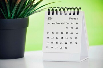 February 2024 desk calendar with potted plant on a desk with green background.