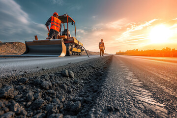 Road construction at sunset
