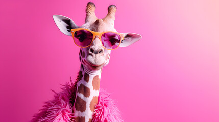 Creative, innovative Animal Design. Giraffe in Chic High-End Fashion, Isolated on a Bright Background for Advertising, with Space for Text. Birthday Party Invitation Banner - obrazy, fototapety, plakaty