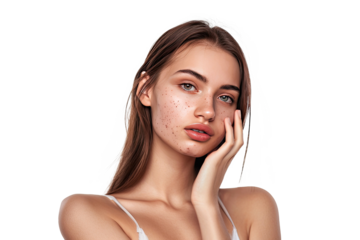 Portrait of young beautiful woman with scar or acne on face skin isolated on white transparent background.