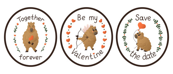 Set of flat colored capybaras stickers with handwriting text. St Valentines day typographic concept. Cute animal characters with floral frames. Isolated sticker with love lettering on white background